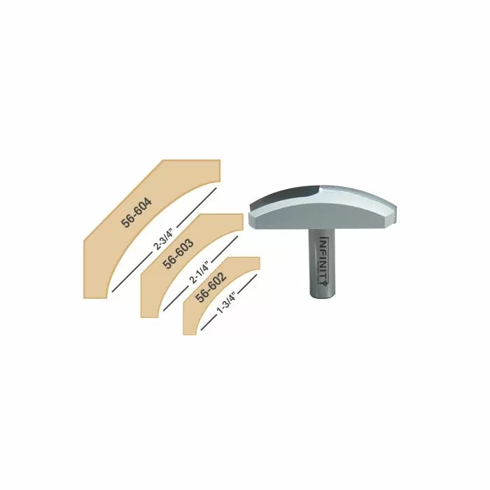 T-slot router bit with three wood profiles showing groove sizes, ideal for woodworking projects.