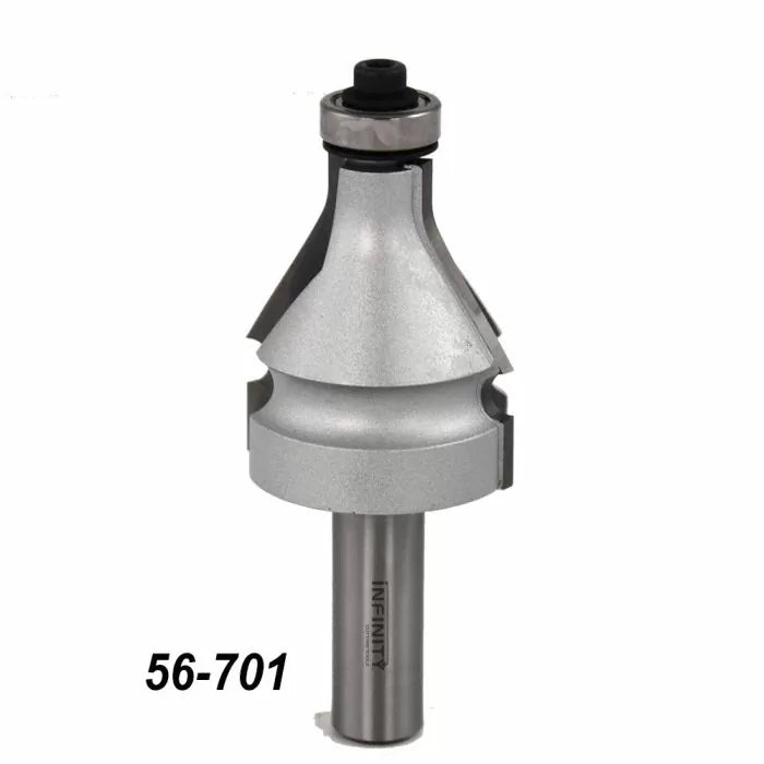 Silver roundover router bit with bearing, labeled 56-701, for woodworking precision cuts