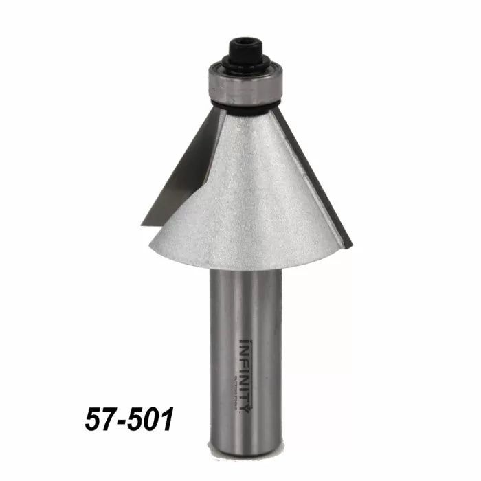 Chamfer router bit with carbide tip and 57-501 label for woodworking projects