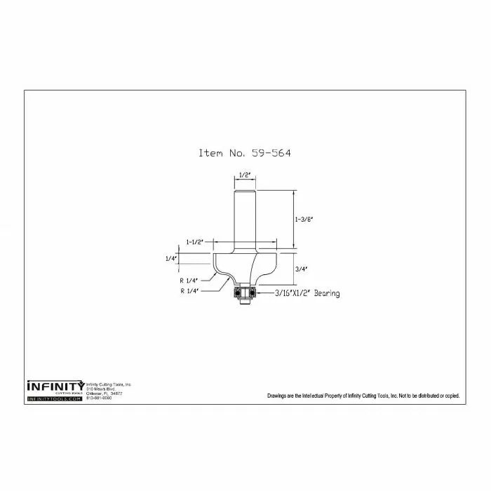 Router bit technical drawing with measurements and labeled 3/16x1/2 bearing, item 59-564.