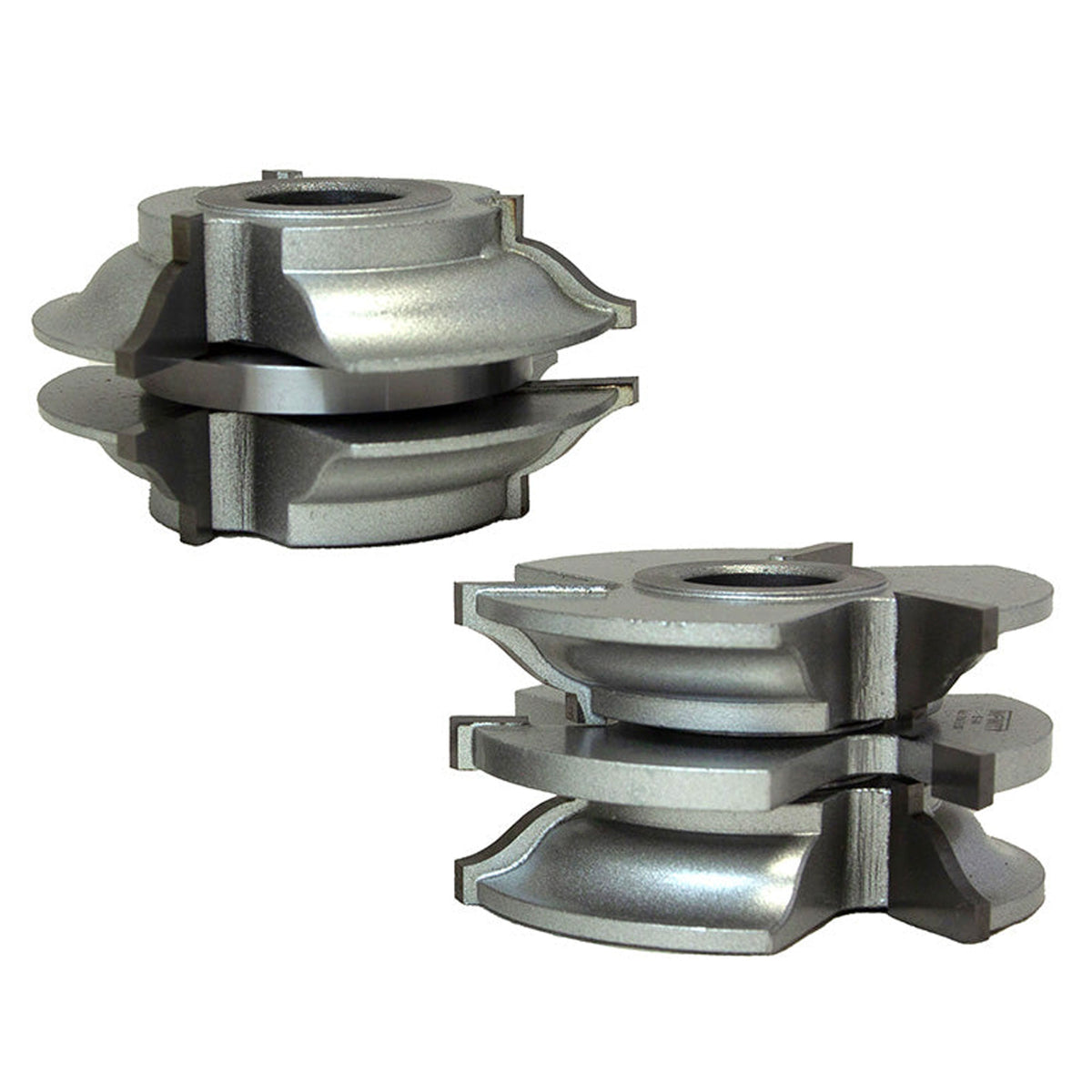 A rail and stile shaper cutter 2-pc. set on a white background.