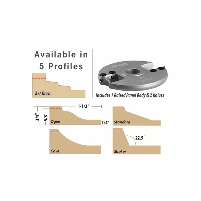 Raised panel cutter head with five woodworking profile options including Art Deco, Ogee, Standard, Cove, and Shaker.