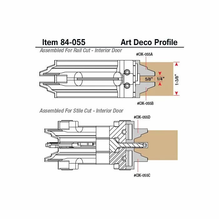 Art Deco profile router bit diagram for rail and stile cuts on interior doors, labeled measurements.