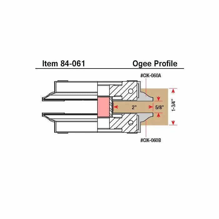 Ogee profile woodworking router bit diagram with detailed measurements and labeled parts.