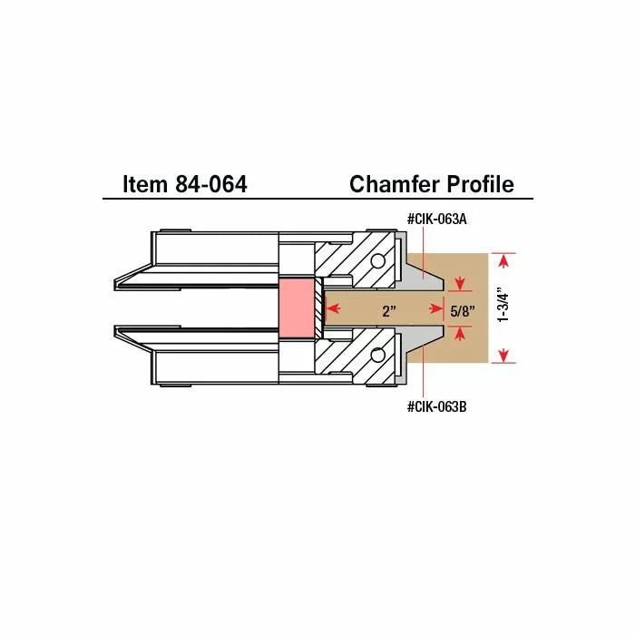 Chamfer profile diagram for woodworking cutter, labeled dimensions and item 84-064 shown