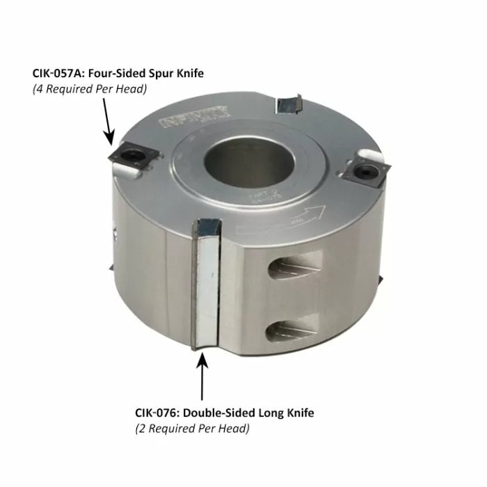 Steel woodworking cutter head with labeled four-sided spur knife and double-sided long knife.