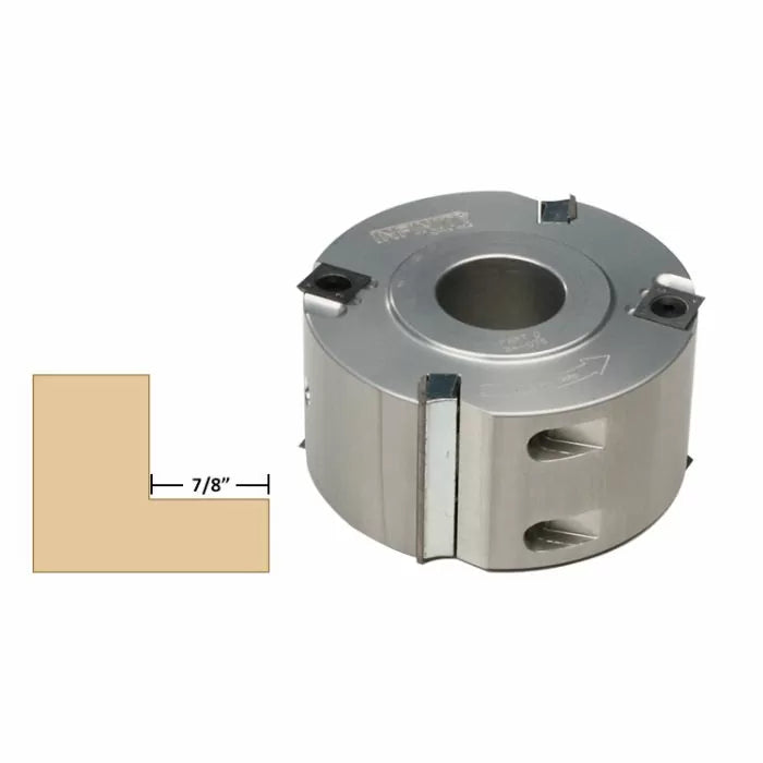Aluminum rabbeting cutter head with carbide inserts for woodworking, shown with 7/8 inch cut profile.