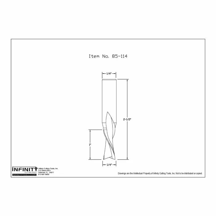 Technical drawing of a straight router bit, 1/4 inch shank and 1 inch cutting length.