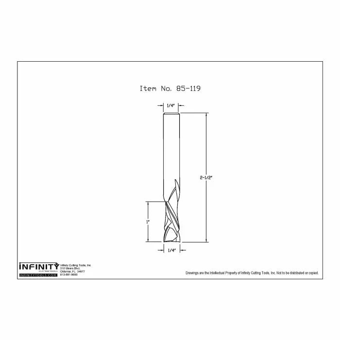 Technical drawing of spiral router bit, 1/4 inch shank, 2-1/2 inch length, woodworking tool