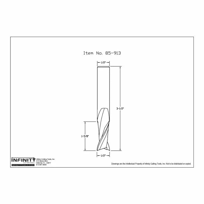 Technical drawing of straight router bit, 1/2 inch shank, labeled item 85-913 with dimensions.