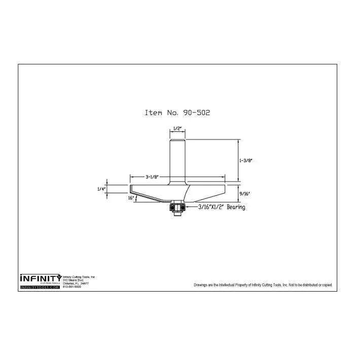 Technical drawing of router bit with dimensions, bearing, and labeled item number 90-502.