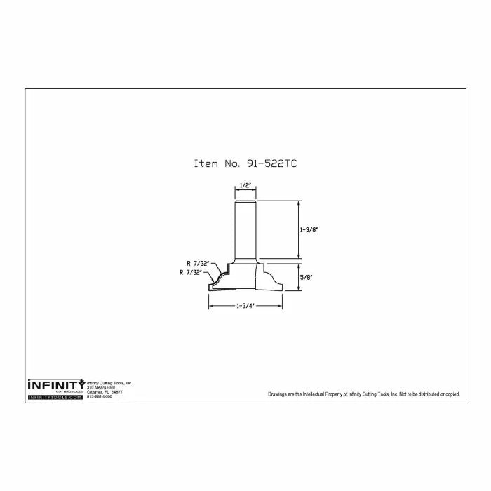 Technical diagram of router bit profile with dimensions, item 91-522TC for woodworking.