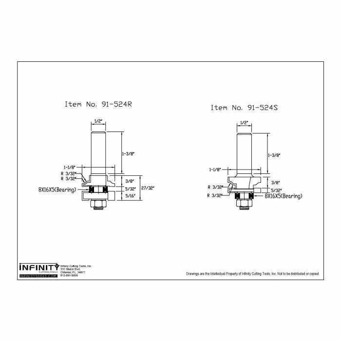 Technical drawing of 91-524R and 91-524S router bits with detailed dimensions and bearings.