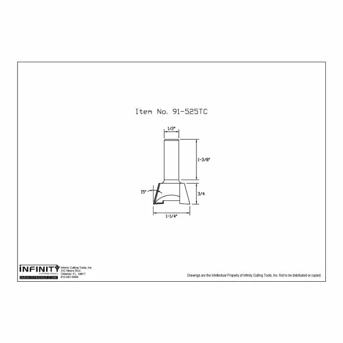 Technical drawing of router bit 91-525TC with precise dimensions for woodworking.