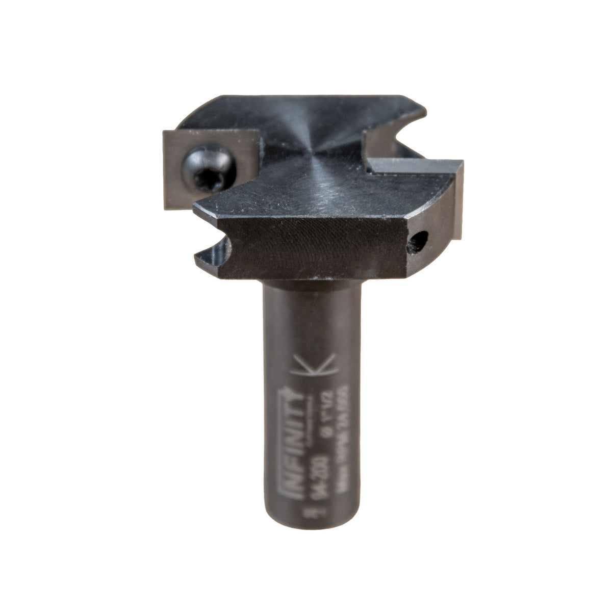 Infinity Tools Insert-Pro Mini Spoilboard Surfacing and Rabbeting Router Bit Top Down Three quarter view showing the top of the bit.