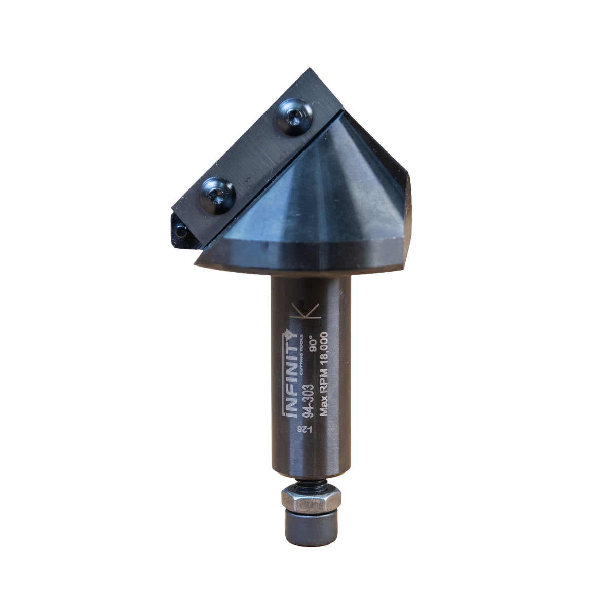Insert Pro V-Groove 90 Degree Router Bit front view with bolt and nut installed