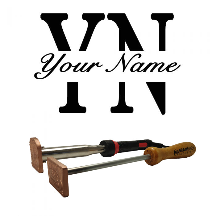 Custom branding irons with Your Name initials and wood handles for woodworking projects
