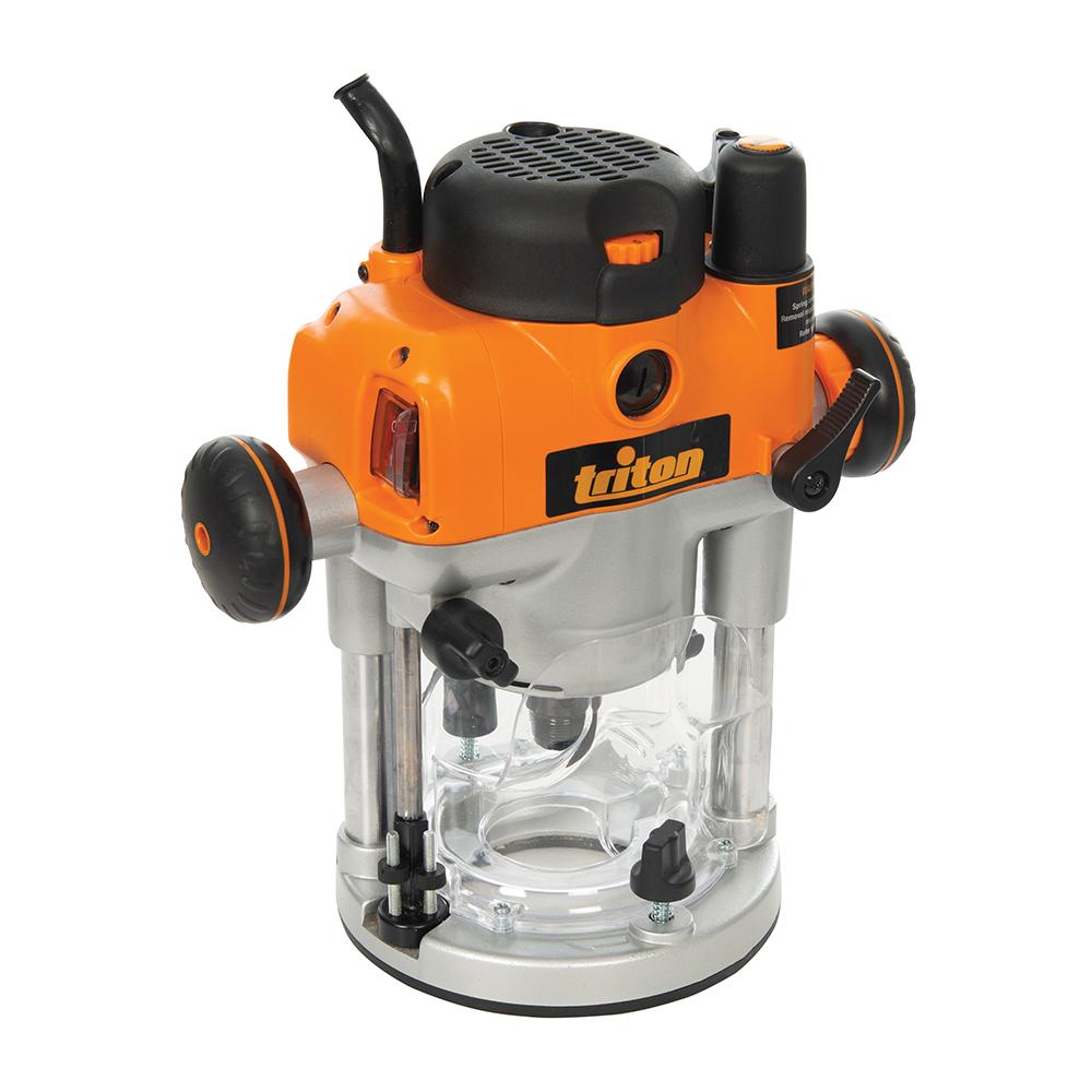 Orange and black plunge router woodworking tool with ergonomic handles
