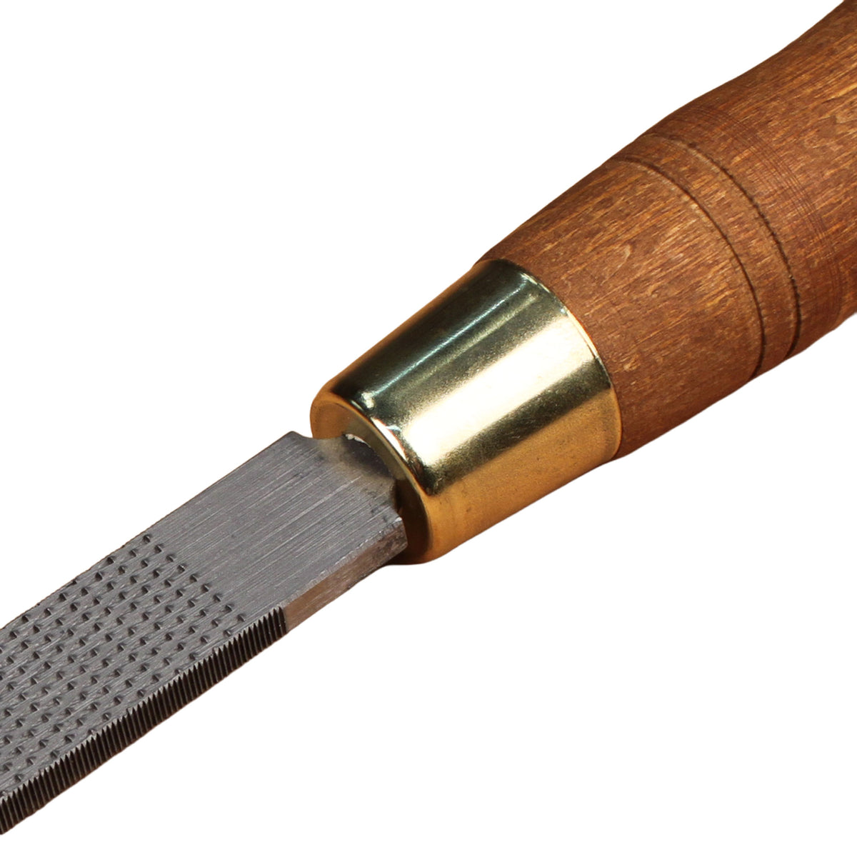 Close-up of a hand file with a brown wooden handle, a polished brass ferrule, and a textured steel sharpening surface, shown on a plain white background.