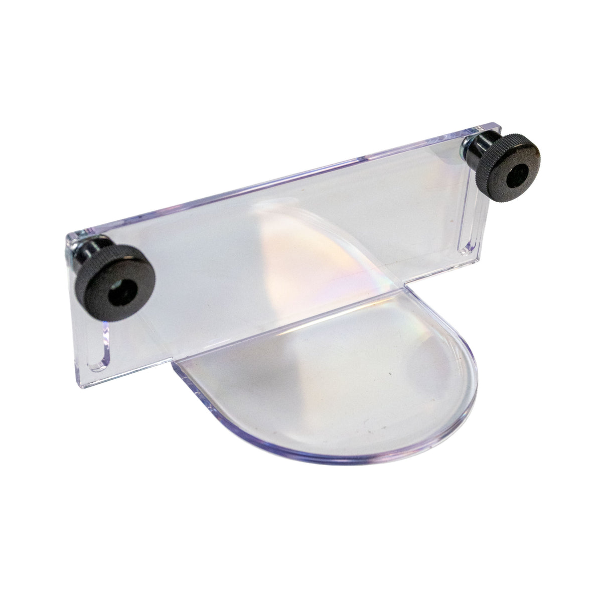 Clear acrylic router bit guard with two black mounting screws, shown on a plain white background.