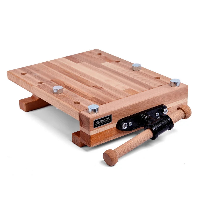 A wooden tabletop clamp with a natural wood top, black metal clamp mechanism, and wooden handles, shown on a white background.