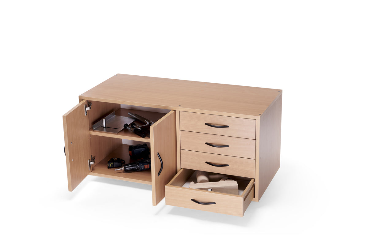 Wooden desk with open cabinet and drawers on a white background