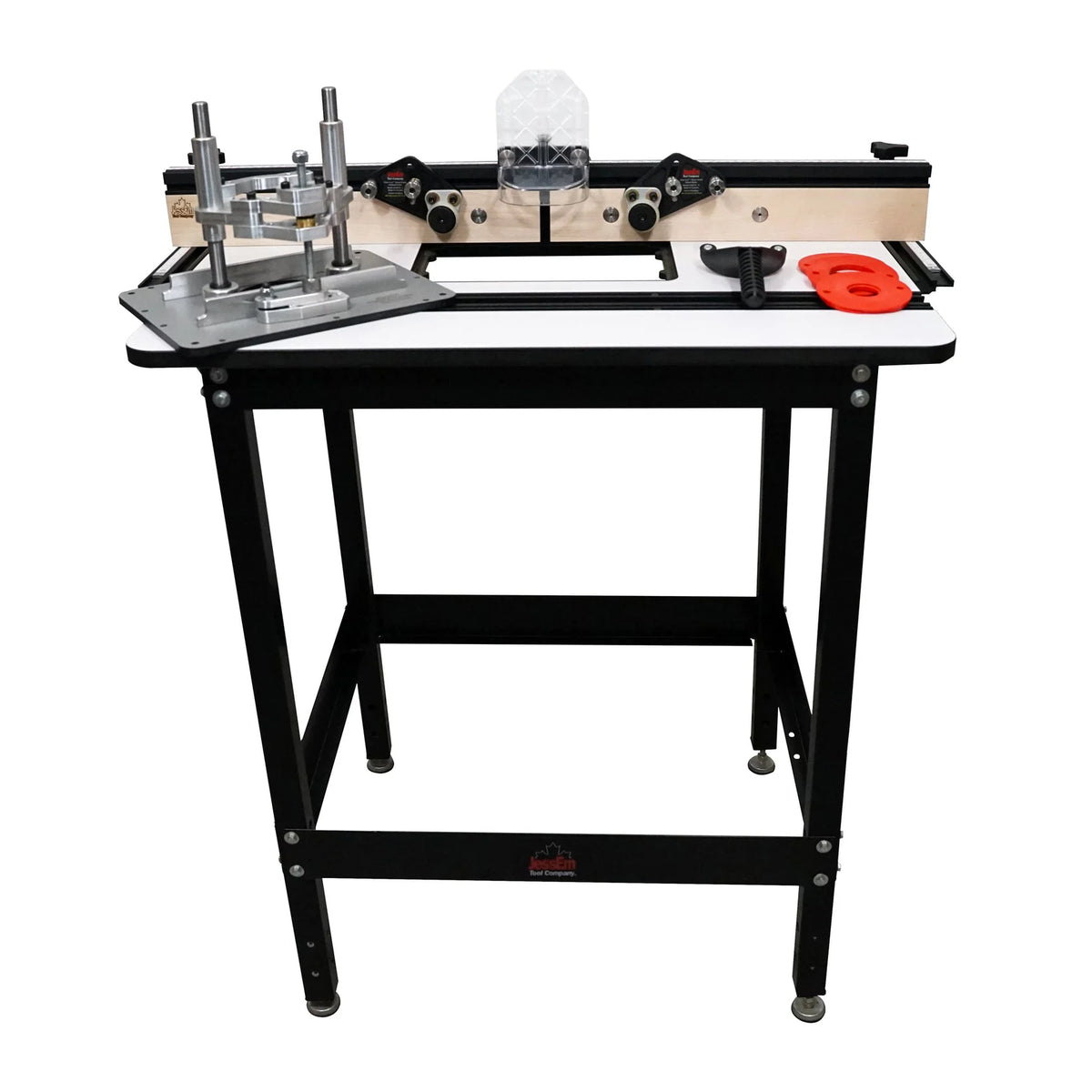Router table package with adjustable fence, aluminum plate, and black metal frame for woodworking