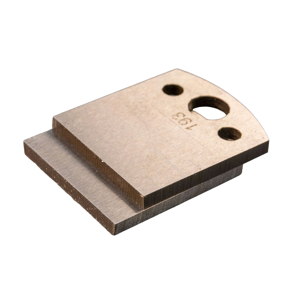 Steel woodworking planer knife blade with mounting holes on white background