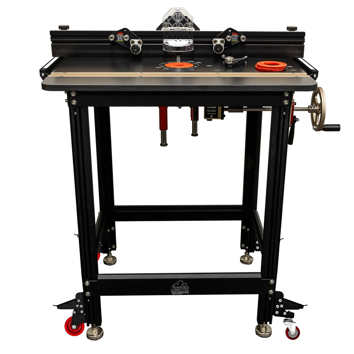 Heavy-duty router table package with adjustable fence, crank handle, and sturdy metal frame