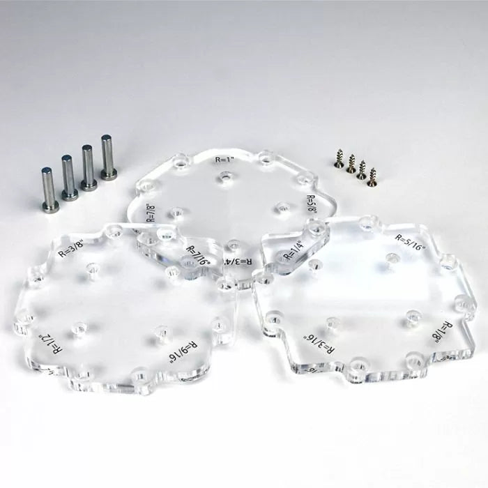 Acrylic router templates with roundover radius markings and mounting hardware for woodworking