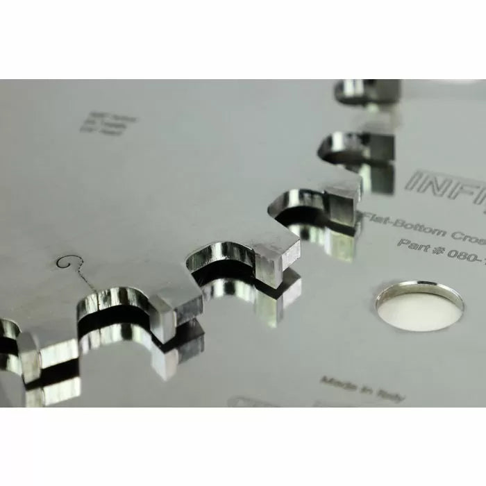 Close-up of a flat-top carbide saw blade for woodworking with sharp precision teeth