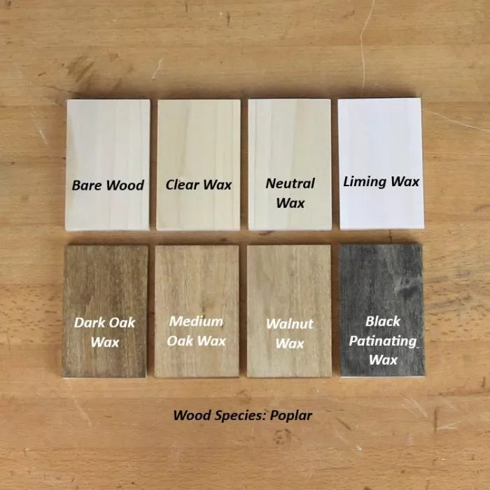 Poplar wood samples with eight wax finishes, labeled for woodworking color comparison.