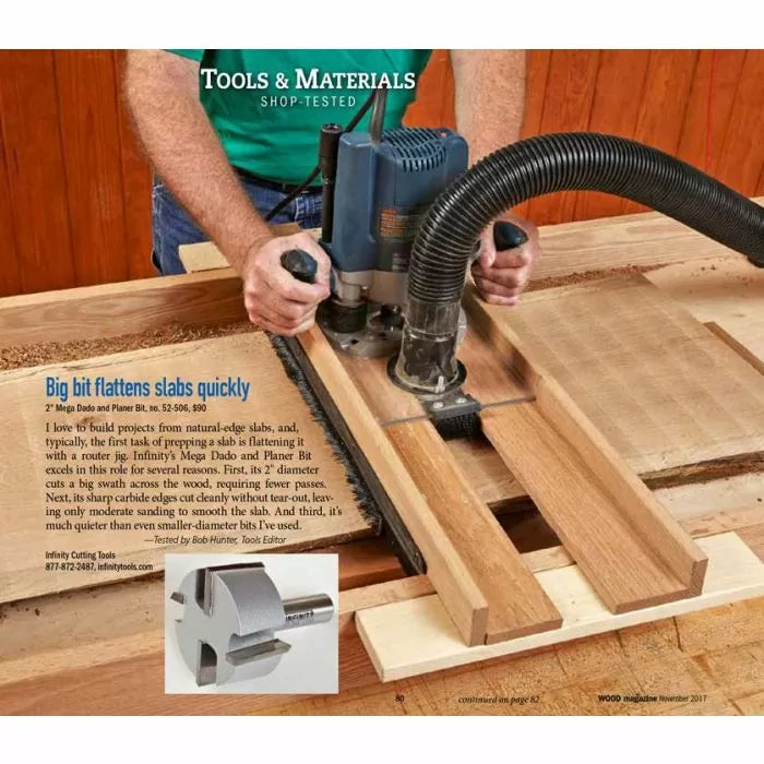 Woodworker using a router with dado and planer bit flattening a wood slab, woodworking tool closeup.