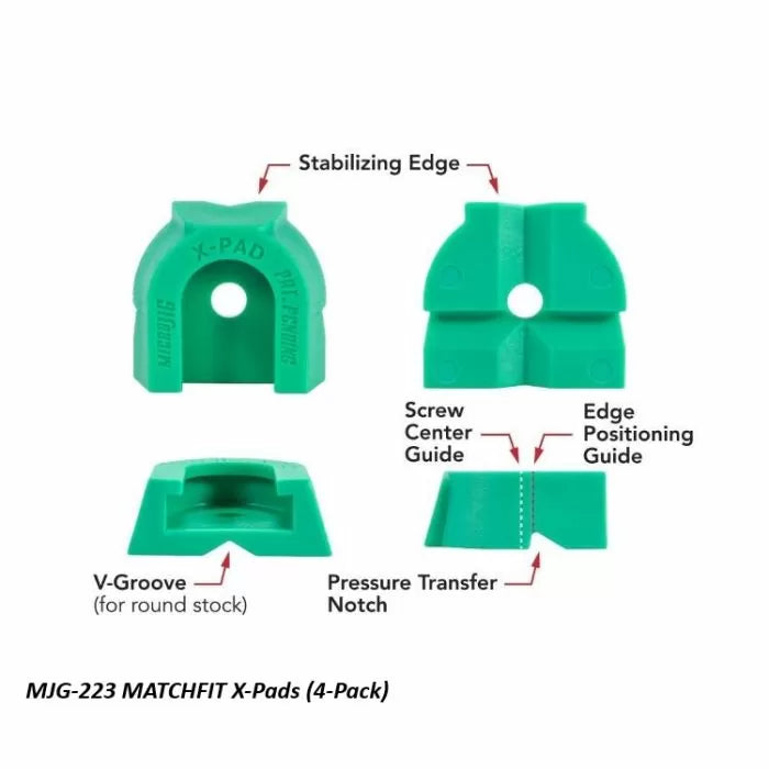 Green MATCHFIT X-Pads woodworking accessories with labeled stabilizing edges, guides, and grooves.