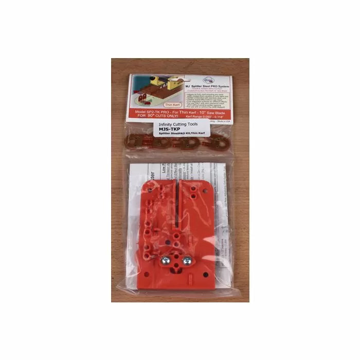 Orange table saw splitter system kit for thin kerf 10-inch blades, packaged on wood surface