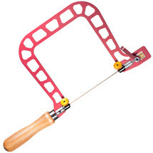 Red aluminum fret saw with a wooden handle and fine blade