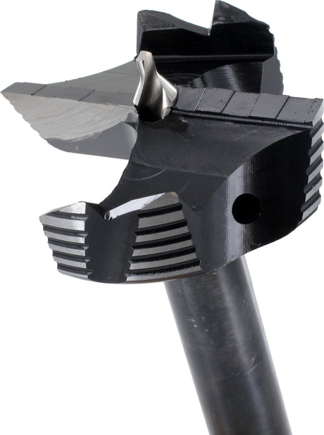 Close-up of a carbide-tipped Forstner bit with center point and toothed rim
