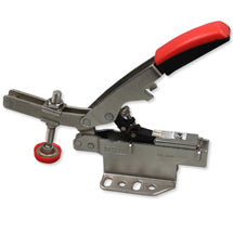 Horizontal toggle clamp with red handle and adjustable pad