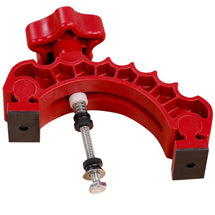 Red T-track hold-down clamp with threaded post and knob
