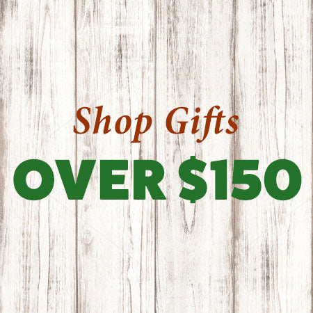 Banner on whitewashed wood boards reading Shop Gifts Over $150