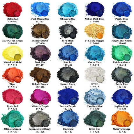 Grid of colored mica pigment powders for epoxy, labeled by color name