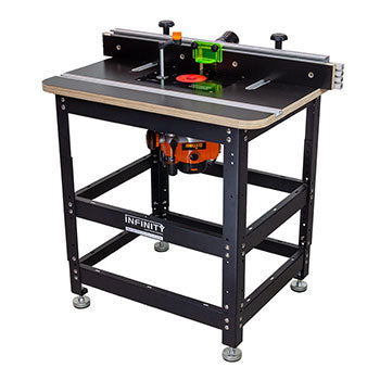 Infinity router table package with fence, steel stand and mounted router
