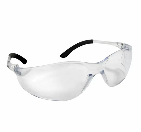 Clear wraparound safety glasses with black temple tips