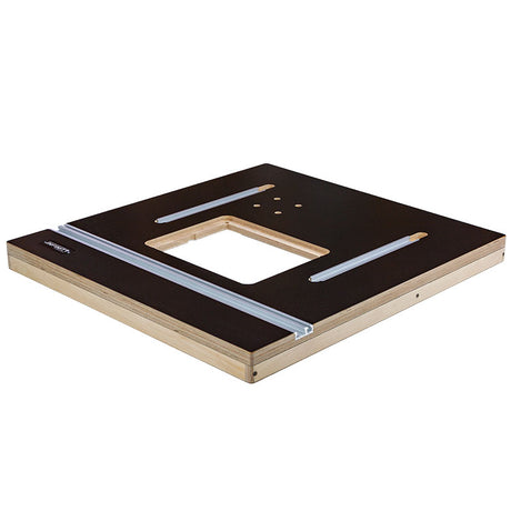 Router table top panel with plate opening and aluminum T-track