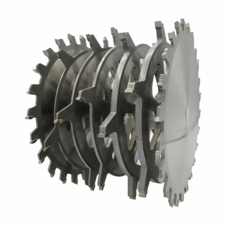 Stacked dado blade set with chippers and outer carbide-tipped saw blade