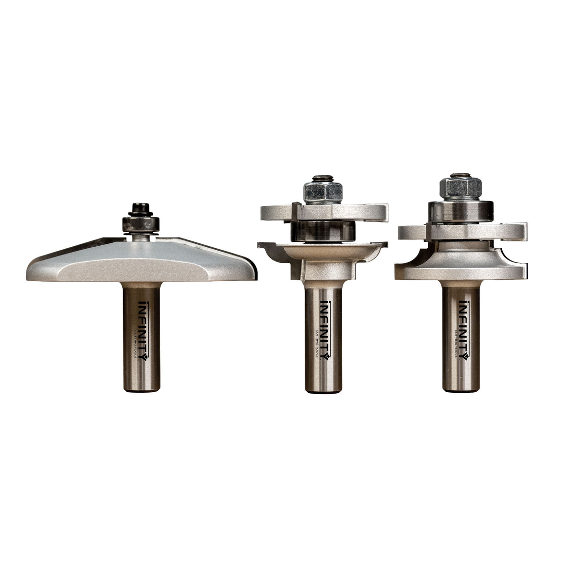 Three-piece bevel cabinet door router bit set for woodworking, isolated on white background
