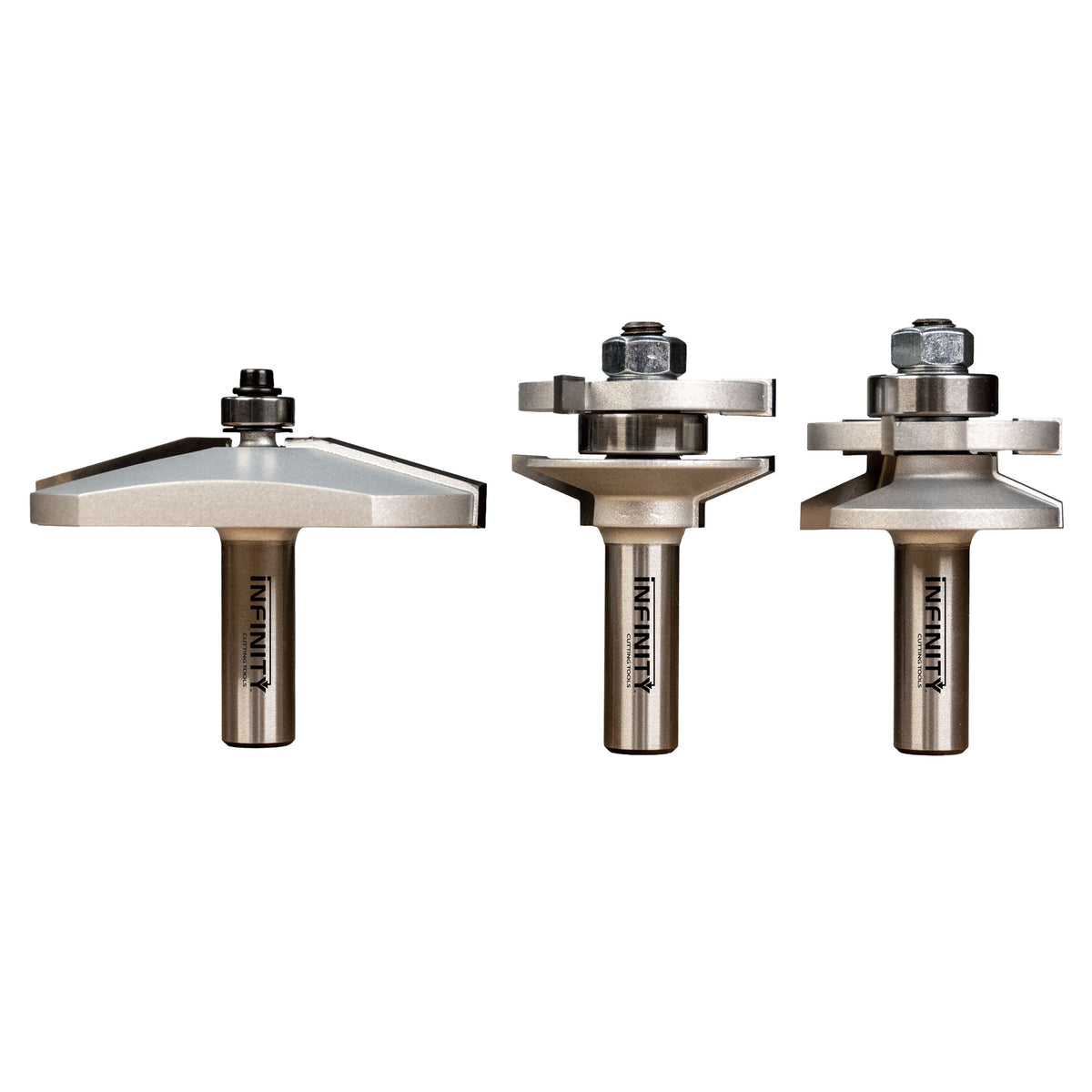 Three-piece chamfer cabinet door router bit set for woodworking projects