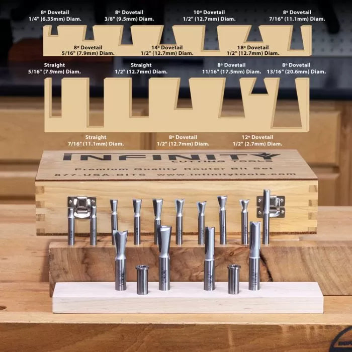 Woodworking router bit set with various dovetail and straight bits in a wooden display case
