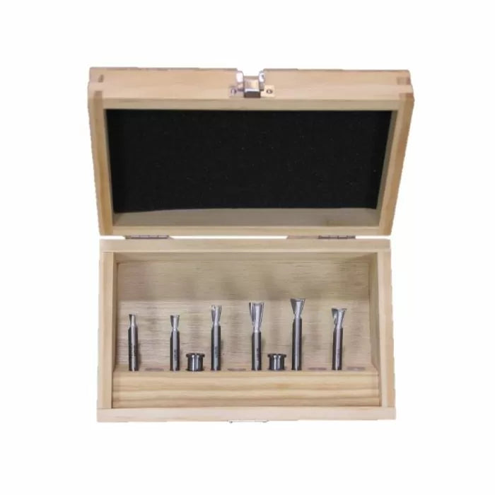 Woodworking router bit set in a wooden case, ideal for precision woodworking tools