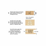 Woodworking slot cutter diagram explaining tongue and groove joints, biscuit sizes, and groove widths.
